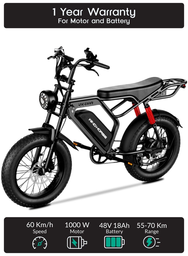 ويندهورس دراجة كهربائية ويند هورس V8 بقوة 1000 واط | بطارية 48V 18Ah | سرعة 60 كم/س | إطارات عريضة مع نظام تعليق مزدوج - Image 1